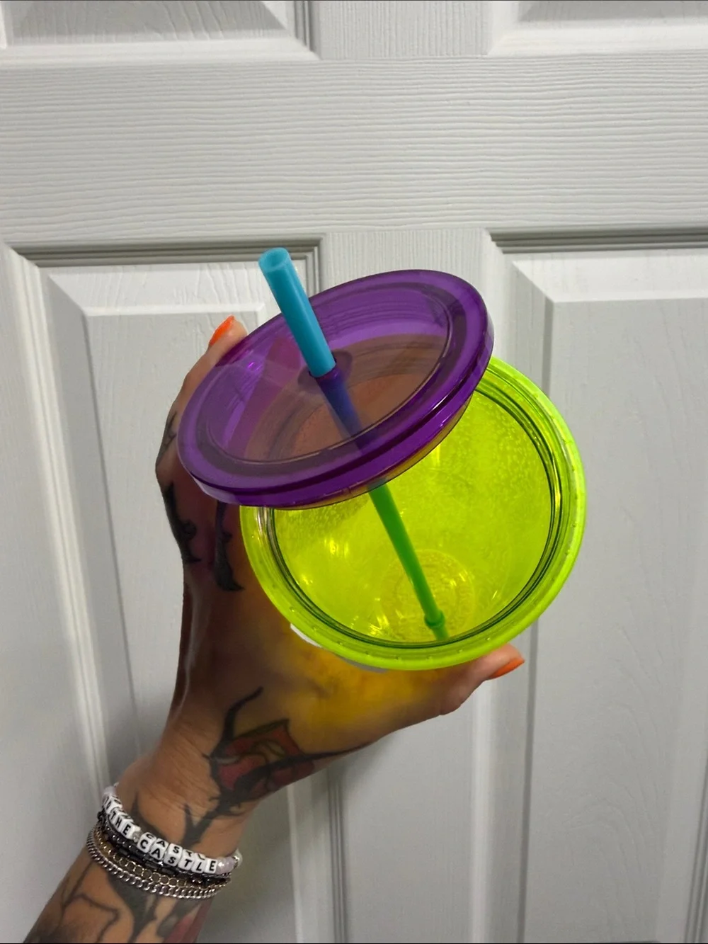 Starbucks Neon Bubble Tumbler with Purple Rim and Blue Straw